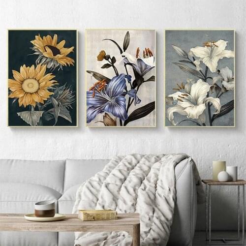 Nordic Minimalist Retro Style Flower Sunflower Wall Art Canvas Print Painting Modern Living Room Entrance Decoration Picture