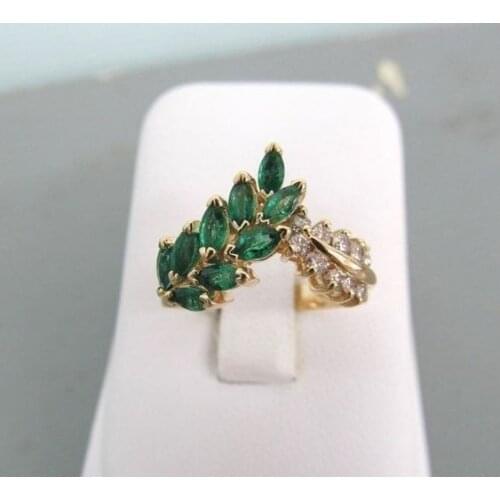Women Fashion 18K Gold Rings Elegant Leaves Natural Emerald Jewelry Wedding Engagement Party Rings Size 5-11