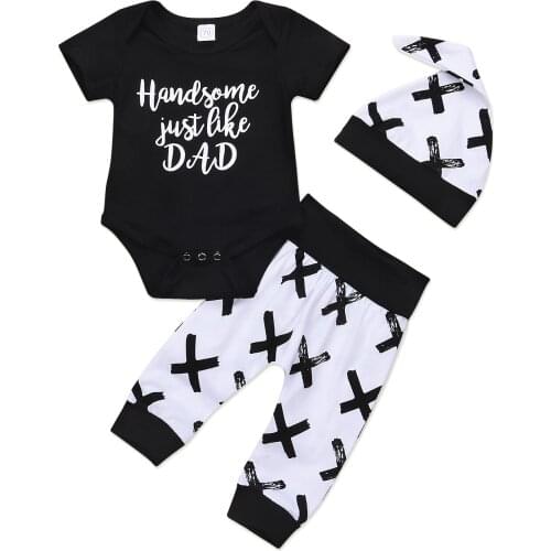 Pudcoco 2019 3Pcs Newborn Baby Boys Girls Cotton Letter Black Romper Jumpsuit Pants Leggings Hat Outfits Clothes