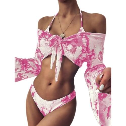AA 3Pcs Womens Bikini Set Women Tie-dye Printing Beachwear Leopard Print Bikini Swimwear + Long Sleeve Short Top Bathing Suits