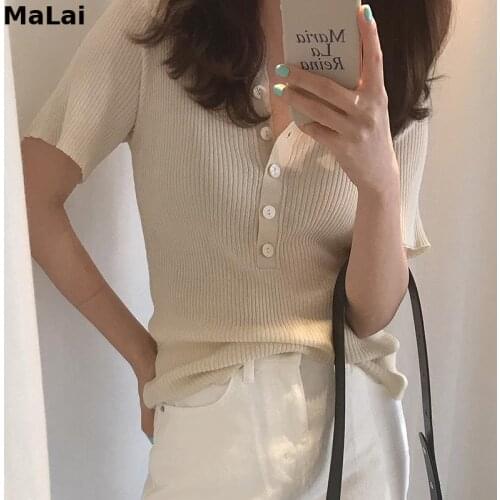 Korea X151 Thread Striepd Solid Summer T-Shirts Women Buttons Turn Down Collar Short Sleeve Elastic Pullover Tops Knitted Shirts