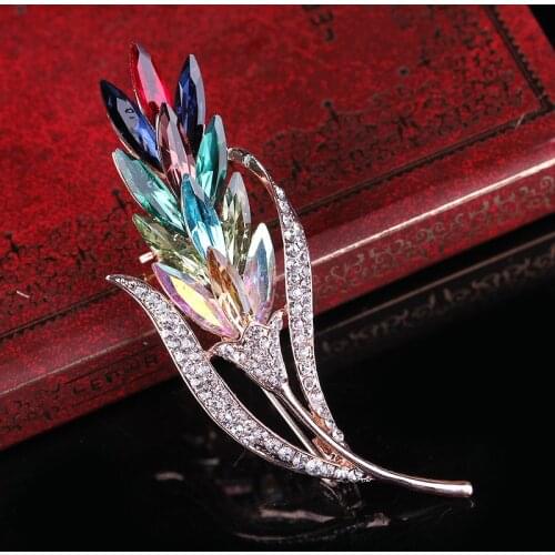 Wedding Bride Corsage Colorful Crystal Brooch Flower Leaf Plant Pins Badge Women Girls Party Banquet Jewelry Gift