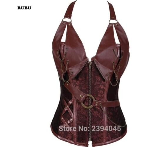 Steampunk Corset brown/black Faux Leather Burlesque Clubwear Lace up Boned with Chains Gothic Clothing Plus Size S-6XL