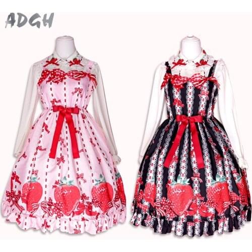 Cute Womens Party Dresses Big Strawberry Print Princess Sweet Lolita JSK Dress Sleeveless Elastic Strap Suspender Bows Dress