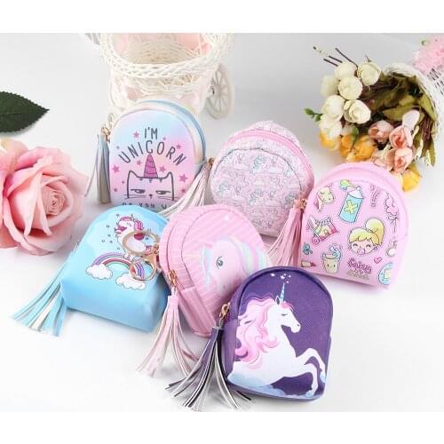 Cartoon Tassel Mini Back Pack Coin Purse Women Earphone Headset Coin Bag Pouch for Kids Unicorn Keychain PU Zipper Small Wallet
