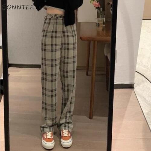 Fashion Plaid Pants Women Summer Loose All-match Streetwear Plus Size Ulzzang High Waist Wide Leg Leisure Vintage Female Trouser