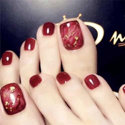 New arrival Beautiful red pure color with gold foil false nails for toe Summer cute toe nails bride lady full nail tips