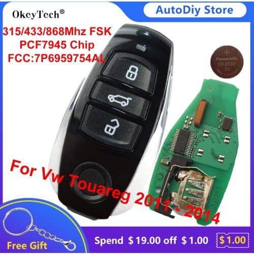OkeyTech 3BT FSK 315/433/868Mhz Remote Smart Key For Volkswagen/VW Touareg 2011-2014 PCF7945Chip 7P6959754AL With Emergency Key