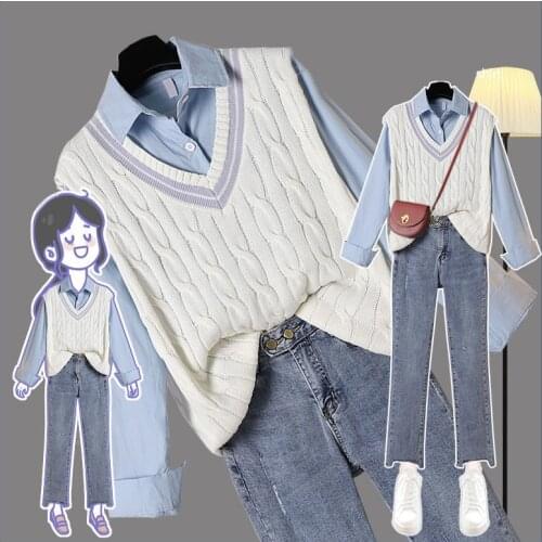 3 Piece Plus Size 2XL Solid Shirts Sweet Vests Ankle Length Jeans Office Lady Womens Daily Casual Trendy Chic Women Sets Elegant