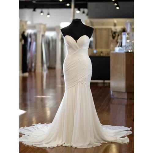 Mermaid Wedding Gowns for Bridal 2021 Chiffon Pleat Top with Train Wedding Gowns Plus Size Sweetheart Sleeveless Robe Mariee