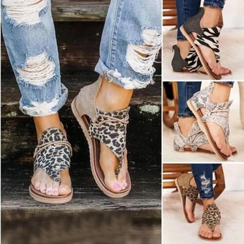 Summer Women Flat Sandals Leopard Snake Print Shoes Large Size Andals Beach Leather Sandals Retro Gladiator Flip Flops Slippers