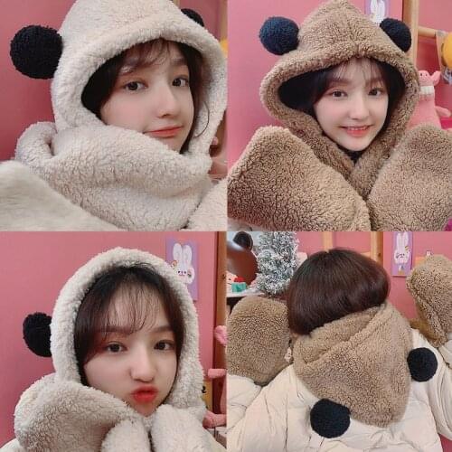 Fashion Winter Warm Sweet Cute Bear Ears Plush Hat Scarf Windproof 3-in-1 Multi-functional Cartoon Hat Scarf&Gloves Set R7RF