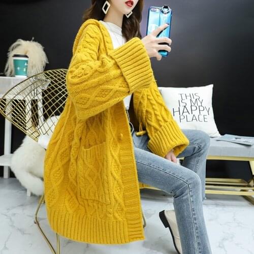 Sweater Woman 2020 Knitted Cardigan Autumn Loose Hooded Long Cardigan Female Vintage Sweater Outwear Plus Size Coats AA5535