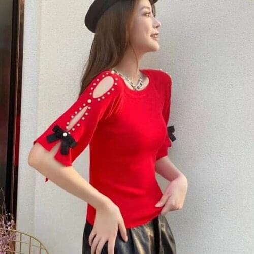 Womens T-shirt Sexy Strapless Beaded T Shirt Slim Bowknot Korean Casual Knitted Top
