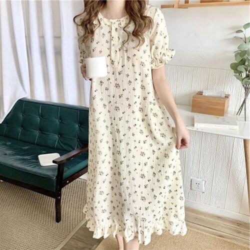 2021 Summer New Retro Cotton Nightdress Womens Short Sleeve Bubble Sleeve Ruffle Lady Nightgown Home Dress Female Sleepwear
