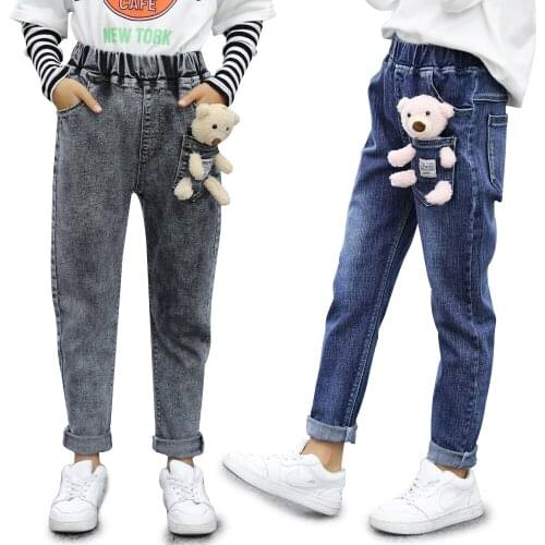 3-10Y Childrens Jeans Spring and Autumn Casual Kids Cute Pocket Bear Design Kids Trousers Girls Jeans Pants Childrens Clothing