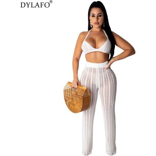 2021 Sexy Fishnet Knitted Two Piece Set Outfits Women See Through Suits Bra Top + Pants Casual 2 Piece Suits Sets For Women