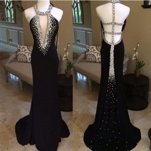 New Arrival 2019 Black Prom Dresses Long with Crystals Beaded Backless Halter Formal Womens Evening Dresses Prom Dress