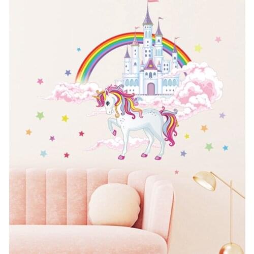 1pcs Colorful Rainbow Pink Princess Castle Unicorn Wall Sticker For Girls Kids Bedroom Unicorn Wall Decor Vinyl Mural Decals