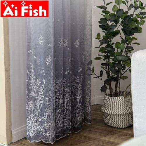 AiFish Gray Simple gradient mesh embroidery window screen Voile for kitchen Blue leaves Floral lace tulle for living room 511#3