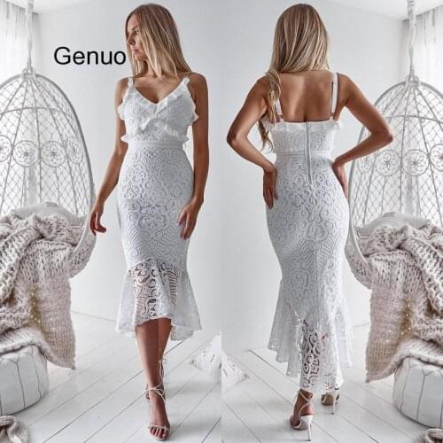 White Lace Long Beach Dress Spaghetti Strap Ruffle Sexy Bodycon Women Party Dress 2020 Summer New Arrival