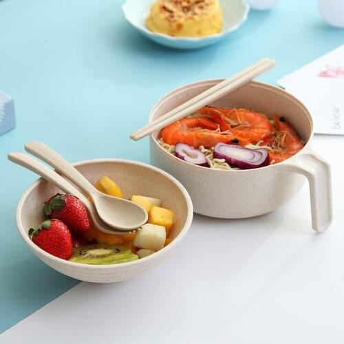 Children Dinnerware Japanese Style Student Instant Noodles Bowl with Cover Dishes Chopsticks Suit Wheat Straw Lunch Box