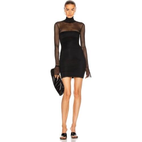 T SHOW 2020 New Fashion Women Winter Black Lace Long Sleeve O Neck Bodycon Bandage Dress Ladies Elegant Party Dress Vestidos