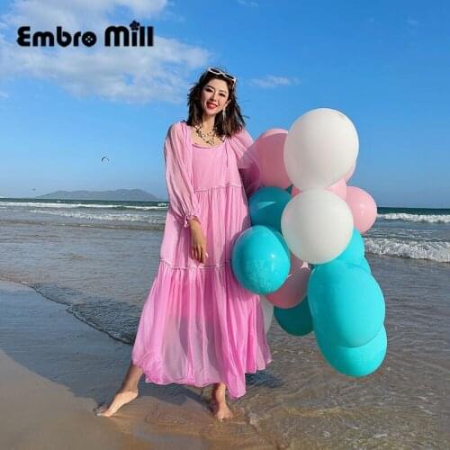 Elegant French Retro O-Neck Spliced Beaded Female Spring And Summer Long-Sleeved Loose Waist Vacation Fairy Dress S-L