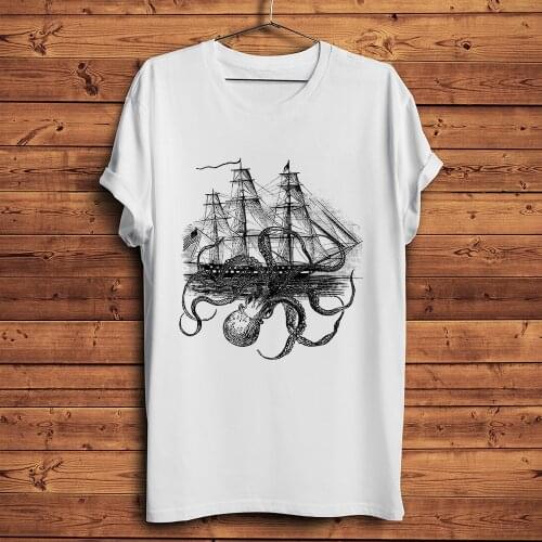 Kraken Octopus attacking Sailboat printed t-shirt homme summer short sleeve t shirt men white hipster casual tshirt unisex