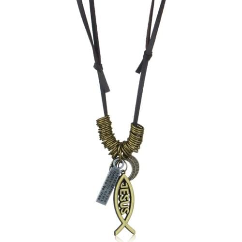 JESUS Letter Words Fish Shaped Pendant Necklace Adjustable Leather Chain Necklace for Men Catholic Religious Jewelry Gifts