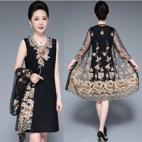 Summer Fall Womens Rhinestone Embroidery Golden Red Flower V Neck 2 Pcs Dress Set , 4xl 5xl Vintage Dresses Sets for Woman