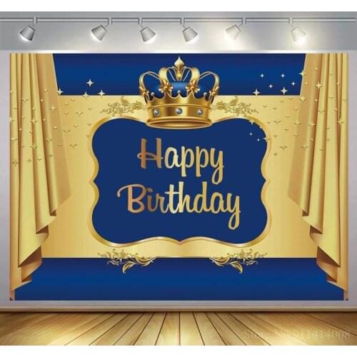 Royal Blue Crown Prince Happy Birthday Newborn Backdrops Photography Golden Curtain Baby Shower One Year Old Party Background