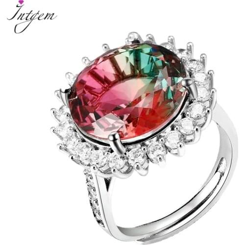 Fashion Jewelry AAAAA Zircon Gemstone Ring Large Round 15MM Color Tourmaline Adjustable Ring Female Engagement Wedding Party