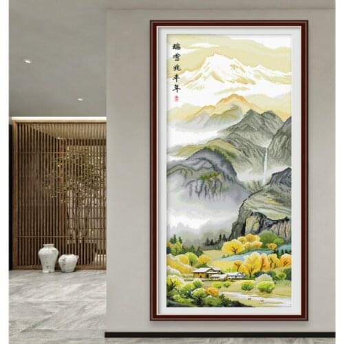 Cross stitch kits crafts materialscrafts for adults Winter forest cabin and green hills pastoral landscape gifts for women