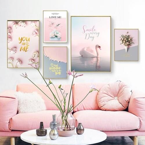Pink Swan Rose Flower Landscape Wall Art Canvas Painting Nordic Posters And Prints Decoration Pictures For Living Room Decor