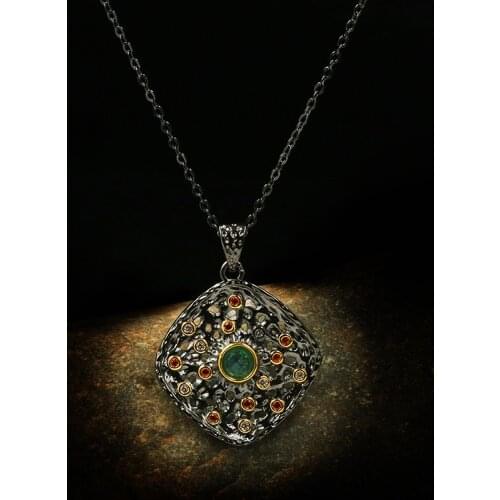 CHARLINLIOL Hollow Design Vintage Black Color Gothic Emerald Necklace for Women 925 Silver Charm Clavicle Chain Italy Jewelry