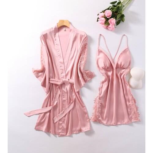 Pink Sweet Lace Trim 2PCS Nighty Suit Womens 2021 New Kimono Robe Gown With Chest Satin Sleepwear Sexy V-Neck Backless Nightgown