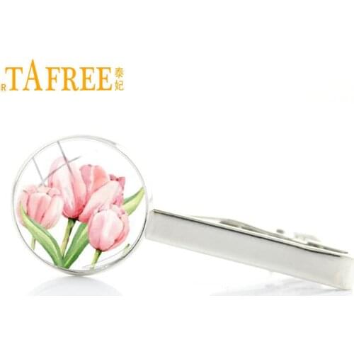 TAFREE beautiful pink Tulips glass photo tie clips men women fashion Tulips flowers wedding groom best man tie bar jewelry E906
