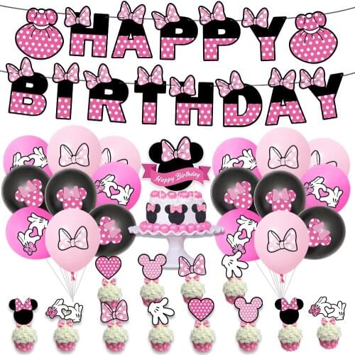 Minnie Mouse Theme Party happy girl balloon Banner Cake Topper party decoration for baby baptism DIY party decoration supplies