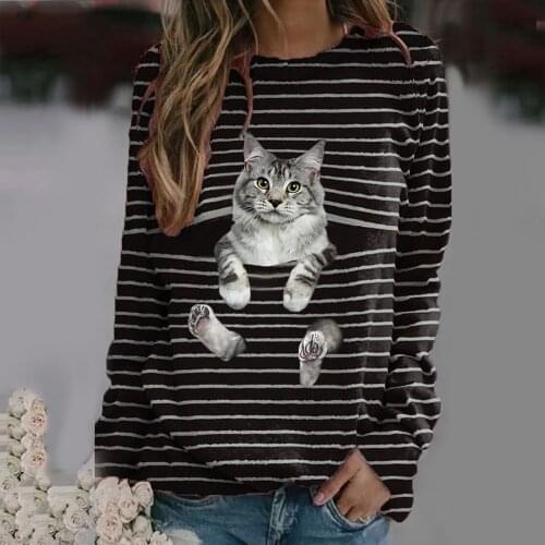 40# Women Plus Size T Shirt 3d Animal Printed O-neck Tops Tee Long Sleeve T-shirt Striped Cat Print Streetwear Женские Футболки