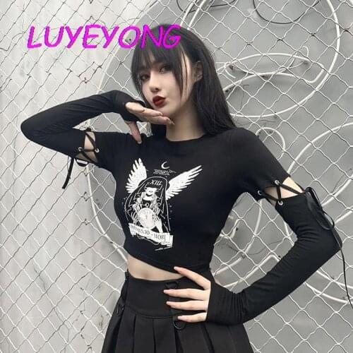 Black Dark Goth Women T-shirts 2020 Summer Lady Hollow Out Lacing Sleeve Witch Print Hipster Short Length Tshirt Basic Cool Top
