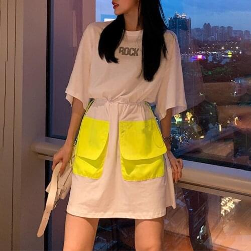Tee Shirt Dress Woman Summer Casual Pocket Short Sleeve Kpop Clothes Korean Plus Size Dresses Design Sense Robes Femme Ete 2021