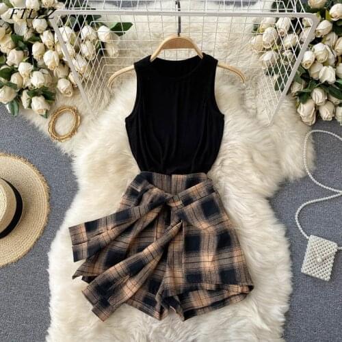FTLZZ Summer New Arrival Women Solid Short Knitting Vest T-shirt Plaid High Waist Slim Shorts Skirt Vintage Two Piece Set