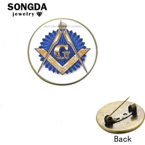 SONGDA Masonic Lapel Pin Badge Freemasonry Square G and Compass Blue Round Glass Dome Icon Brooch Souvenir for Mason Freemason