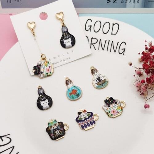 10pcs Cute Light Bulb Cup Cats Enamel Charms Pendant Aniamals Metal Earrings Finding Fit DIY Bracelet Jewelry Accessories Gifts