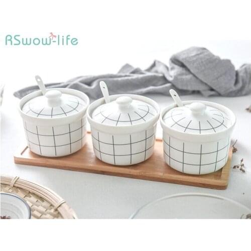 3pcs Japanese Creative Ceramic Seasoning Jar High-grade Cruet with Wooden Frame Household Kitchen Supplies