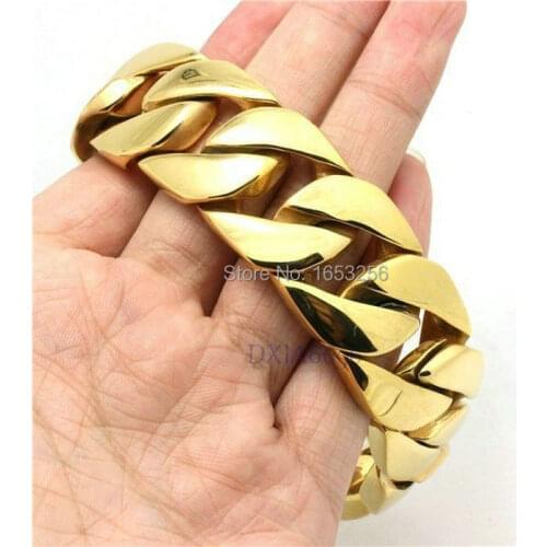 8.46'' 26mm Heavy Thick Gold Tone Gold Round Curb Cuban Mens Boys Chain 316L Stainless Steel Bracelet Wholesale