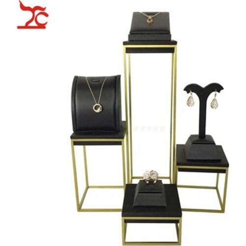 Promotion Stainless Steel Jewelry Window Counter Showcase Soft PU Necklace Ring Earring Stud Bracelet Display Holder Stand Set