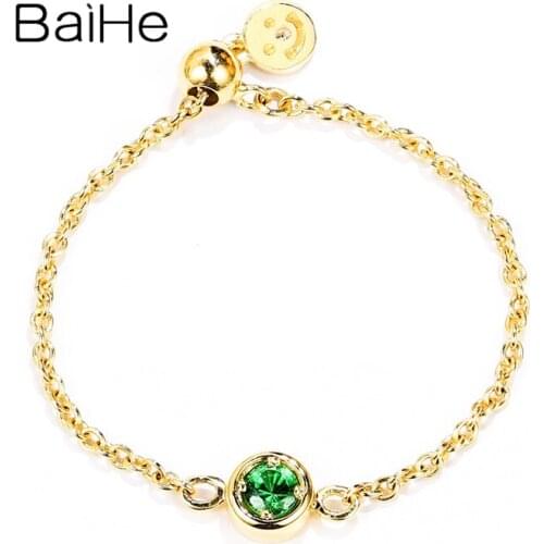 BAIHE Solid 18K Yellow Gold 2.5mm Round Tsavorite Ring for Women Wedding Band кольца кольцo Trendy Fine Jewelry chain Ring