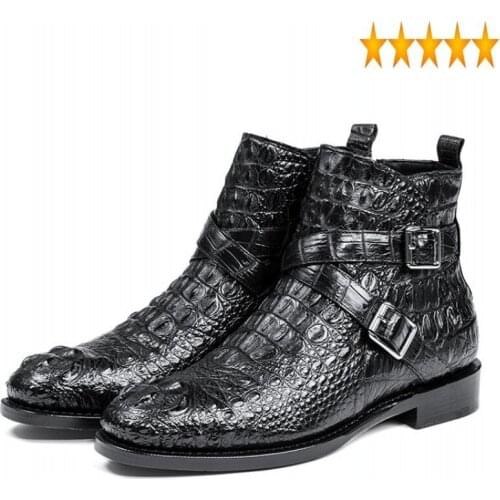Double Buckle Ankle Boots British Luxury Business Genuine Men Designer Crocodile Leather Black Dress Shoes